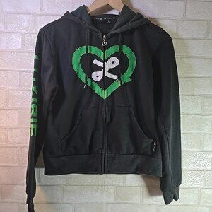 Luxirie Women's Black Jacket Hoodie Green Heart Large Logo Sweatshirt